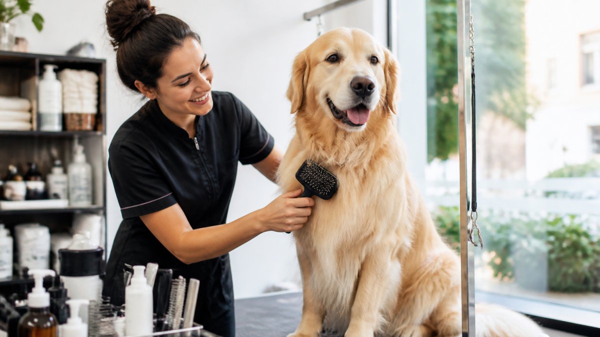 A friendly professional groomer gently brushing a calm golden retriever in a bright, clean grooming salon with natural light streaming through the window