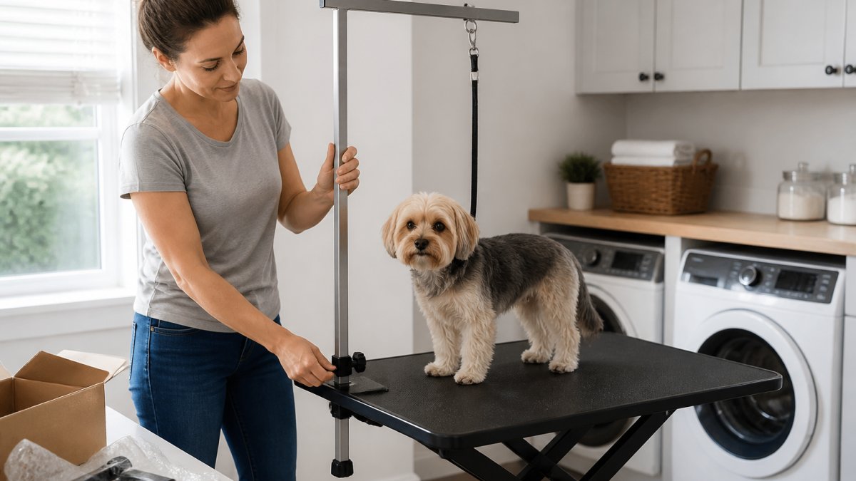 A pet owner adjusting an H-shaped grooming arm and noose on a height-adjustable grooming table in a bright home laundry room, with a small dog standing calmly on the non-slip tabletop