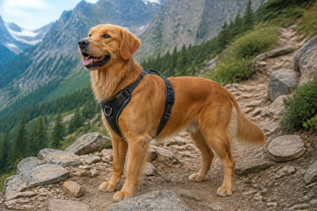 Dog wearing properly fitted harness on rocky hiking trail, showing full body coverage and secure attachment points during outdoor adventure with natural mountain lighting