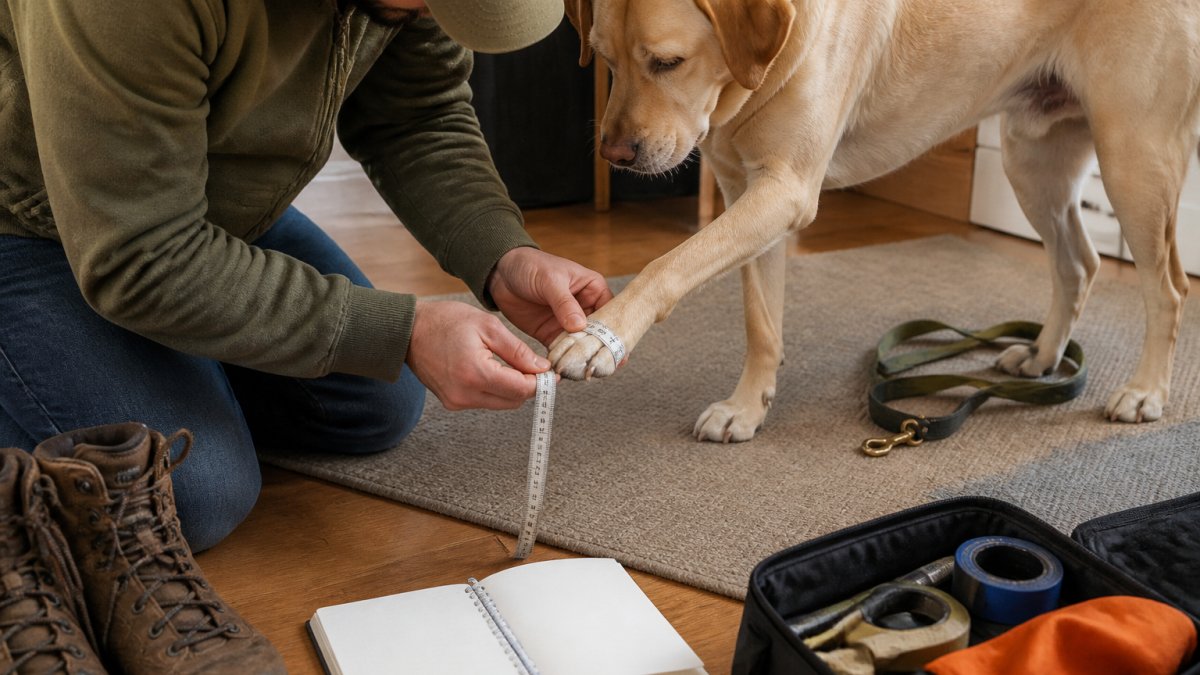 A person kneeling on a wooden floor gently measuring a dog's paw with a soft tape measure, the dog standing calmly on a rug with a leash nearby