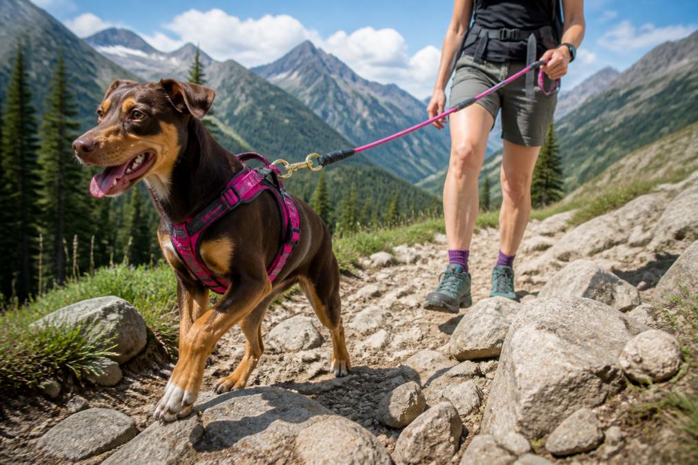 Active dog wearing a durable harness and leash on a rocky mountain trail, demonstrating proper fit and comfort during uphill hiking in bright afternoon sunlight