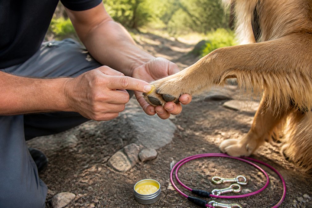 Close-up of handler's hands applying protective balm to a dog's paw pads and between toes before a hike, with natural daylight showing the application technique on a rocky trailhead