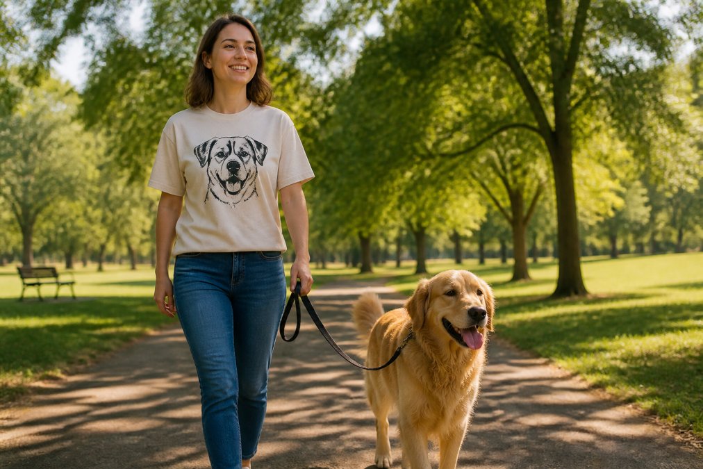 A smiling woman in her 30s wearing a soft cotton dog-themed t-shirt, walking a happy golden retriever in a sunny park, natural lighting, candid lifestyle shot