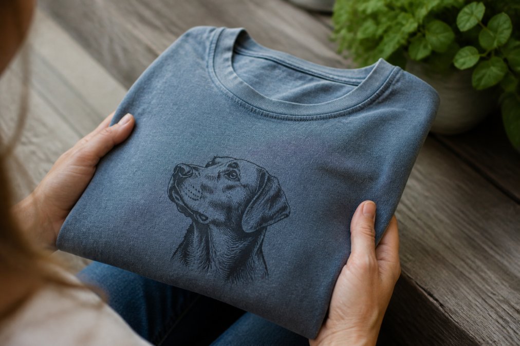 Close-up of a person's hands holding a folded, garment-dyed cotton t-shirt with a subtle dog graphic, showing the fabric texture and vintage wash color in natural light