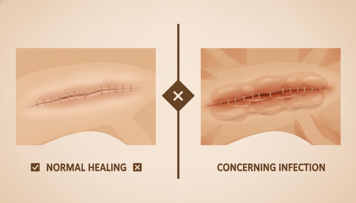 Close-up of a dog's healing surgical incision site on the abdomen, showing normal pink healing tissue with minimal redness versus concerning dark redness and swelling around the edges