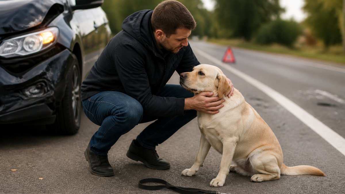 A driver kneeling beside a car on the shoulder of a road, gently checking on a dog that is sitting on the pavement, with hazard lights blinking and a leash nearby
