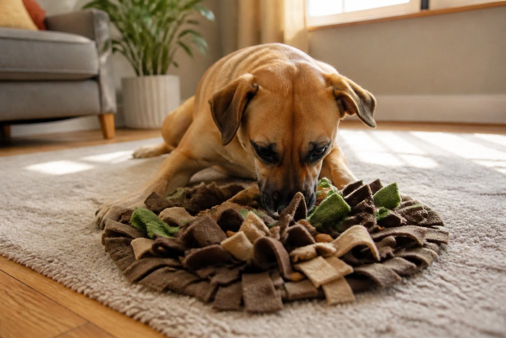 Medium-sized dog relaxing on a living room rug while using a snuffle mat for dog mental enrichment.
