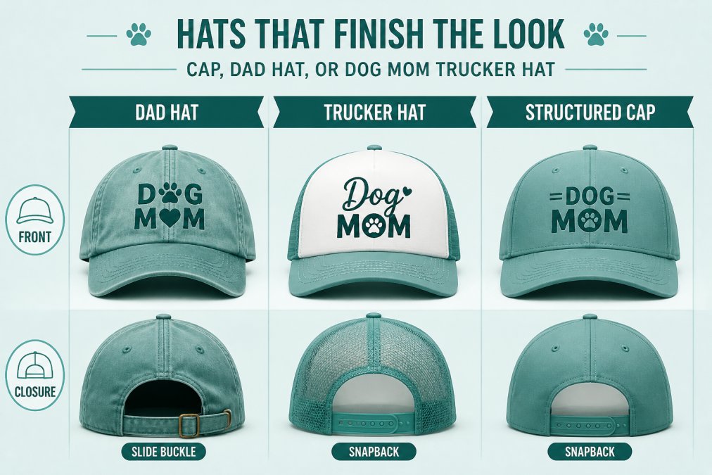 Comparison diagram showing the profile differences between a dad cap, a structured cap, and a trucker hat.