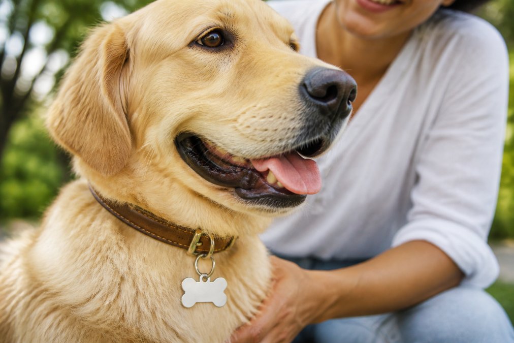 Close-up of a dog wearing a polished stainless steel bone-shaped ID tag on its collar, with the engraved name clearly visible in natural sunlight
