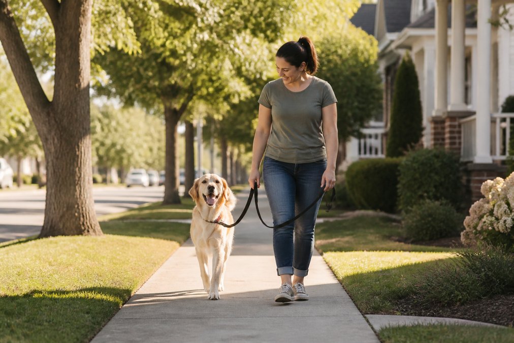 A happy dog walking calmly on a leash beside its owner on a sunny suburban sidewalk, both looking relaxed and confident, warm afternoon light filtering through trees