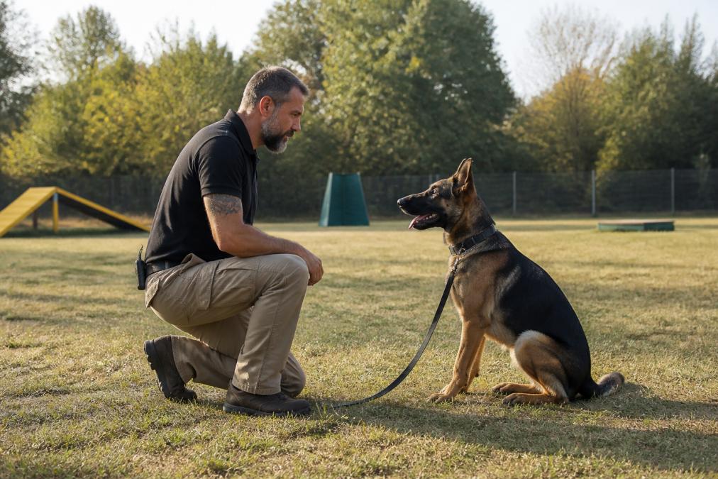 A professional dog trainer calmly observing and interacting with a dog in an outdoor training area, assessing the dog's body language and reactions in soft morning light