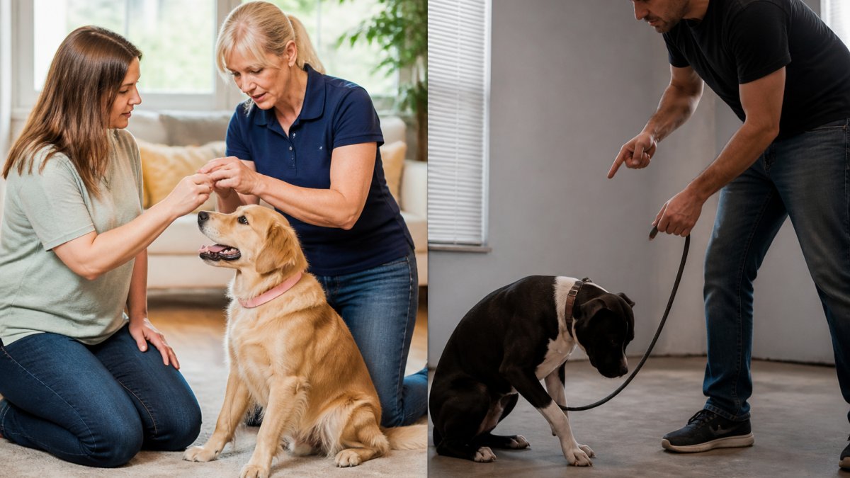 Professional dog trainer demonstrating positive reinforcement technique with dog and owner in home setting, natural daylight from windows, trainer's hands guiding owner's movements