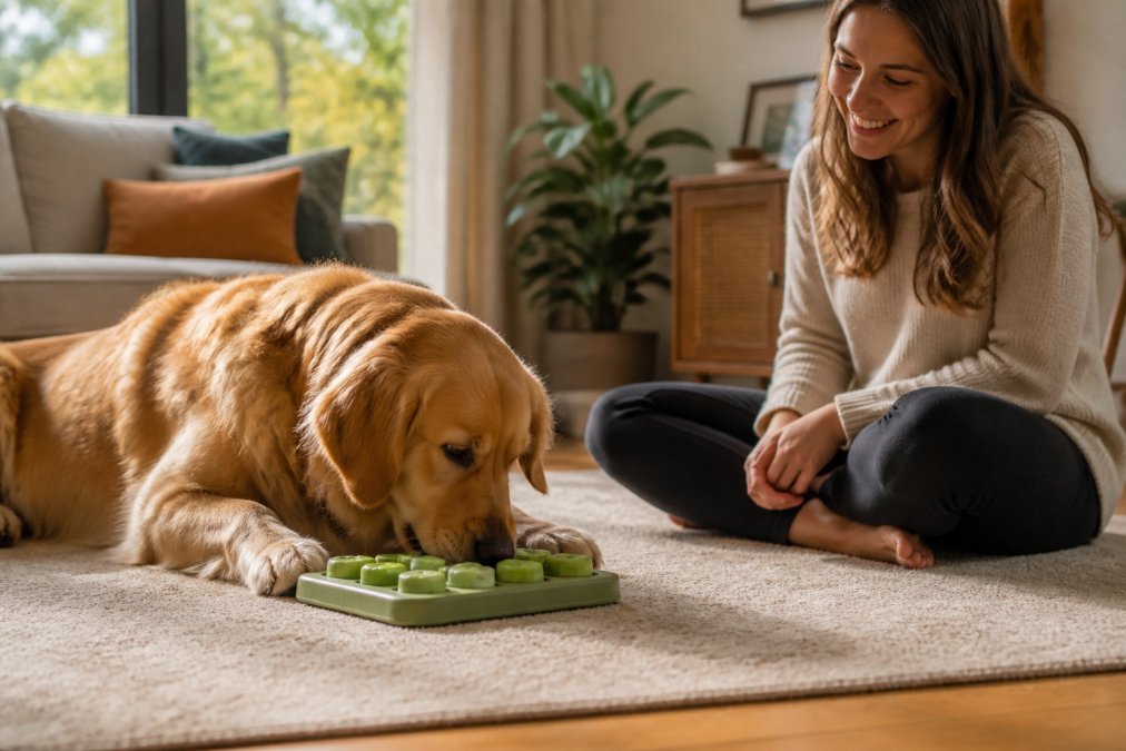 A golden retriever lying on a living room rug, nose deep in a green sliding puzzle toy, with an owner sitting nearby on the floor watching and smiling, warm afternoon light through the window