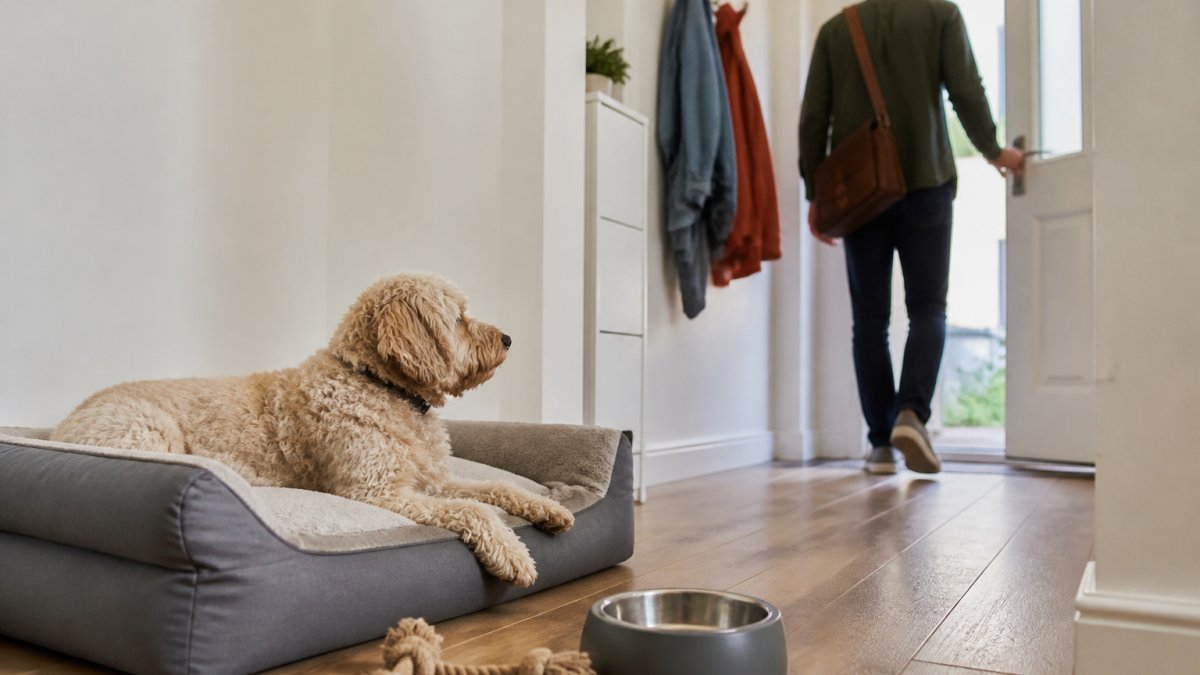 Dog resting calmly on a bed while owner prepares to leave, showing relaxed posture and settled behaviour during separation anxiety training