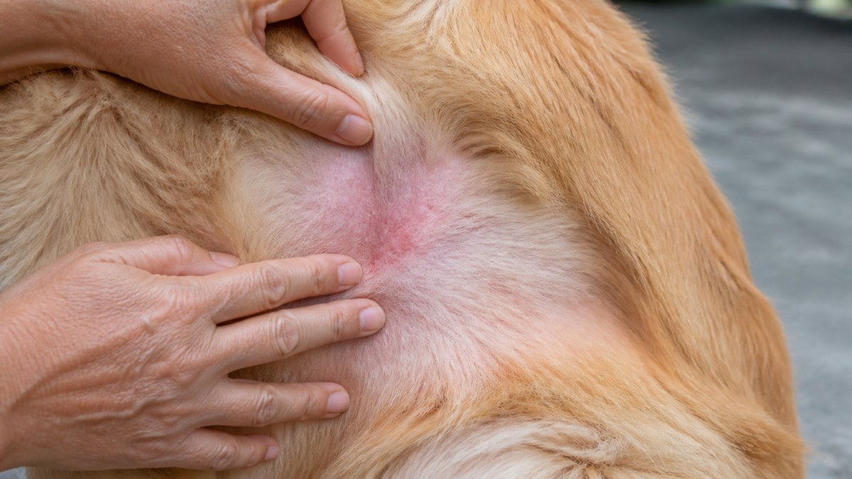 Close-up of a dog's skin showing redness and irritation, with owner gently examining the affected area using their fingertips