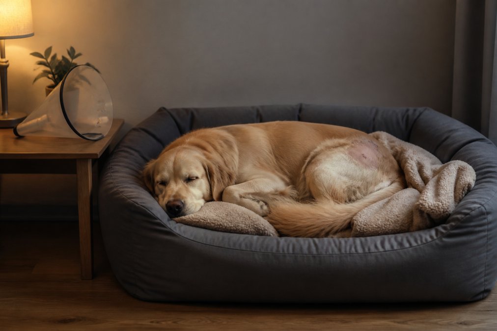 Diagram illustrating the essential steps to set up a calm home environment for successful dog surgery recovery.
