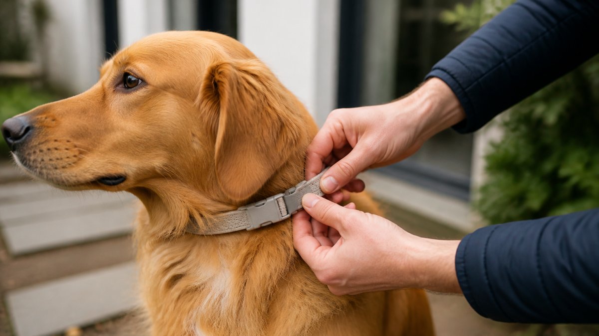 Close-up of a person's hands threading a flexible silicone slide-on tag onto a dog's collar, with the dog's head and neck visible in soft natural light