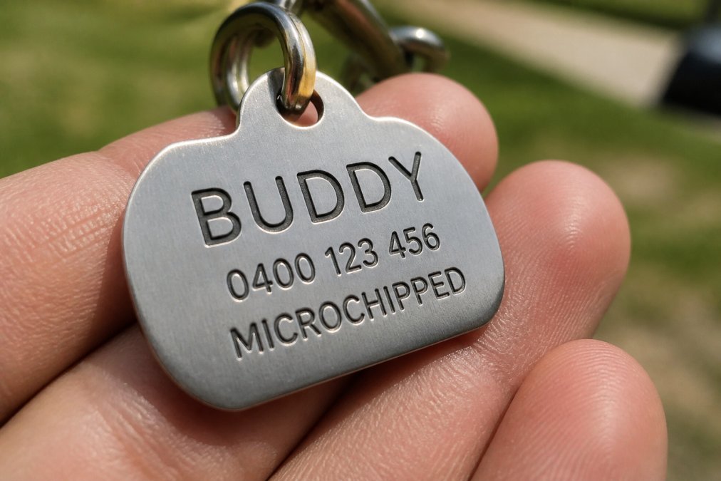 Close-up of a deeply engraved dog tag showing crisp, legible text with visible grooves and polished metal surface, held in someone's hand with natural daylight highlighting the engraved lettering