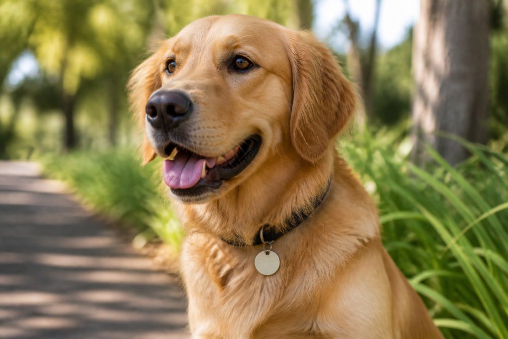 A golden retriever wearing a collar with an ID tag clearly visible and properly positioned, showing comfort and secure attachment of the tag to the collar