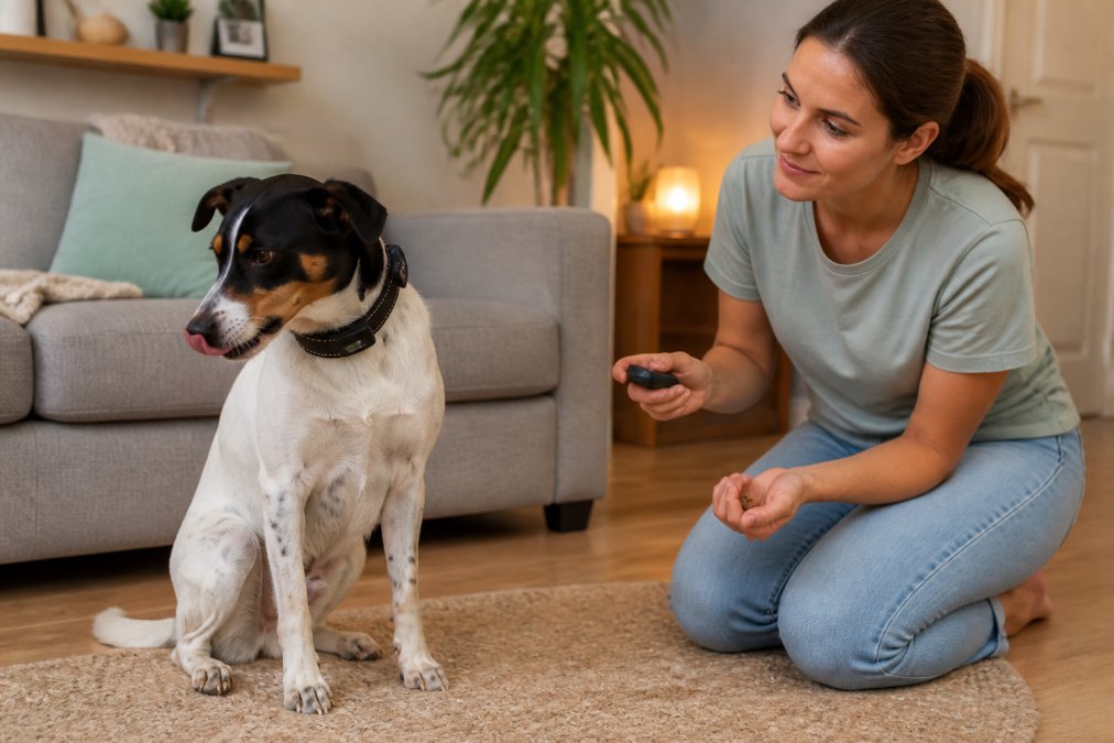Dog showing stress signals like yawning while wearing a dog training collar during a home training session