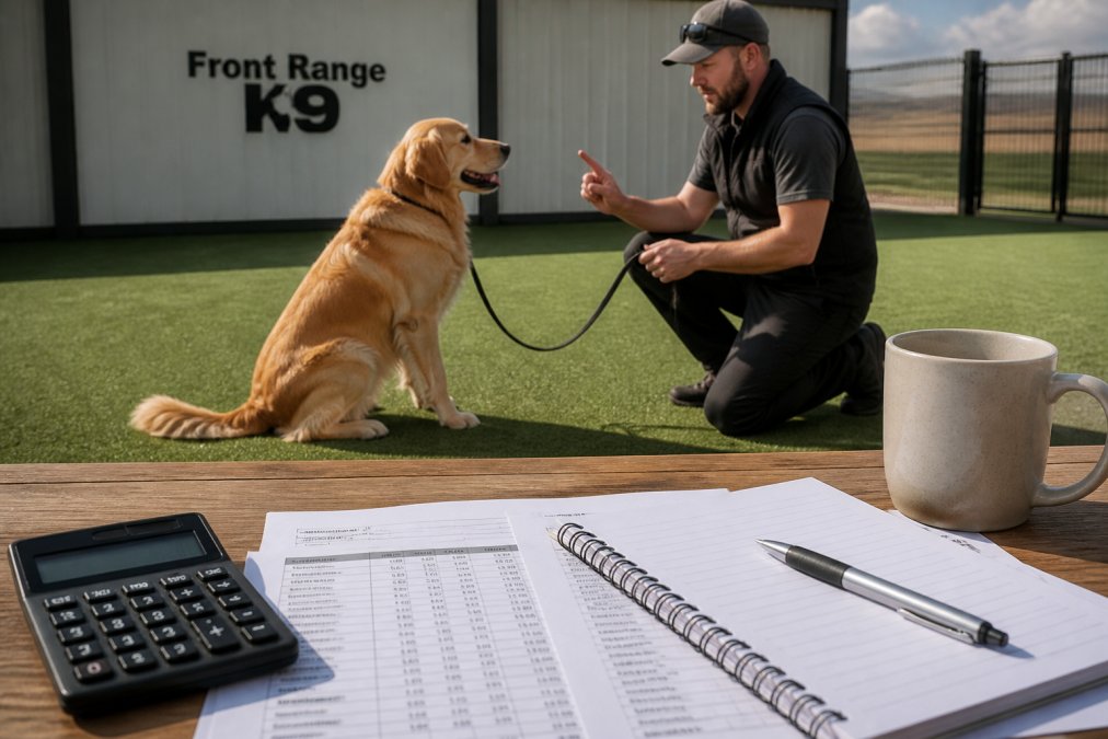 Professional dog trainer working with a golden retriever on obedience during a private session in an outdoor training area with natural sunlight