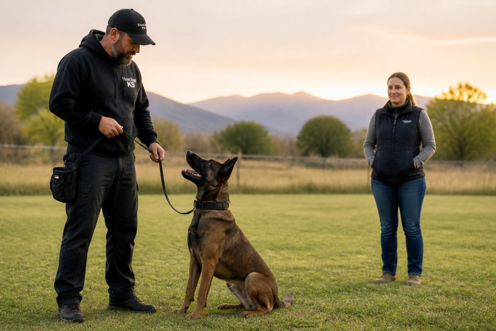 A focused trainer working with a young adult dog on a leash in an open outdoor field, golden hour lighting, with the owner observing nearby and the dog giving full attention