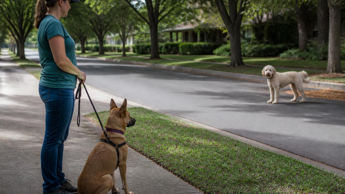 A dog owner calmly holding a leash with a dog sitting at a safe distance from another dog on a neighborhood sidewalk, both relaxed and focused on the handler
