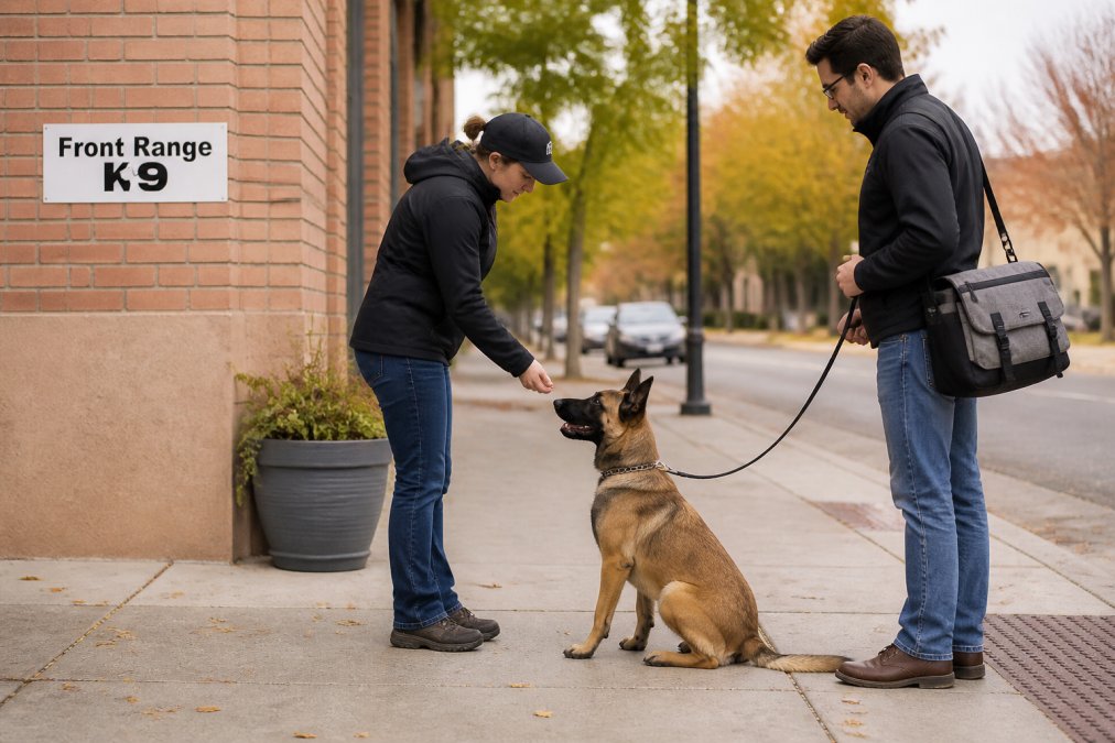 A professional dog trainer guiding a dog and owner through a short outdoor obedience session on a sidewalk, with the owner holding a leash and a work bag nearby, suggesting a quick session squeezed into a busy day