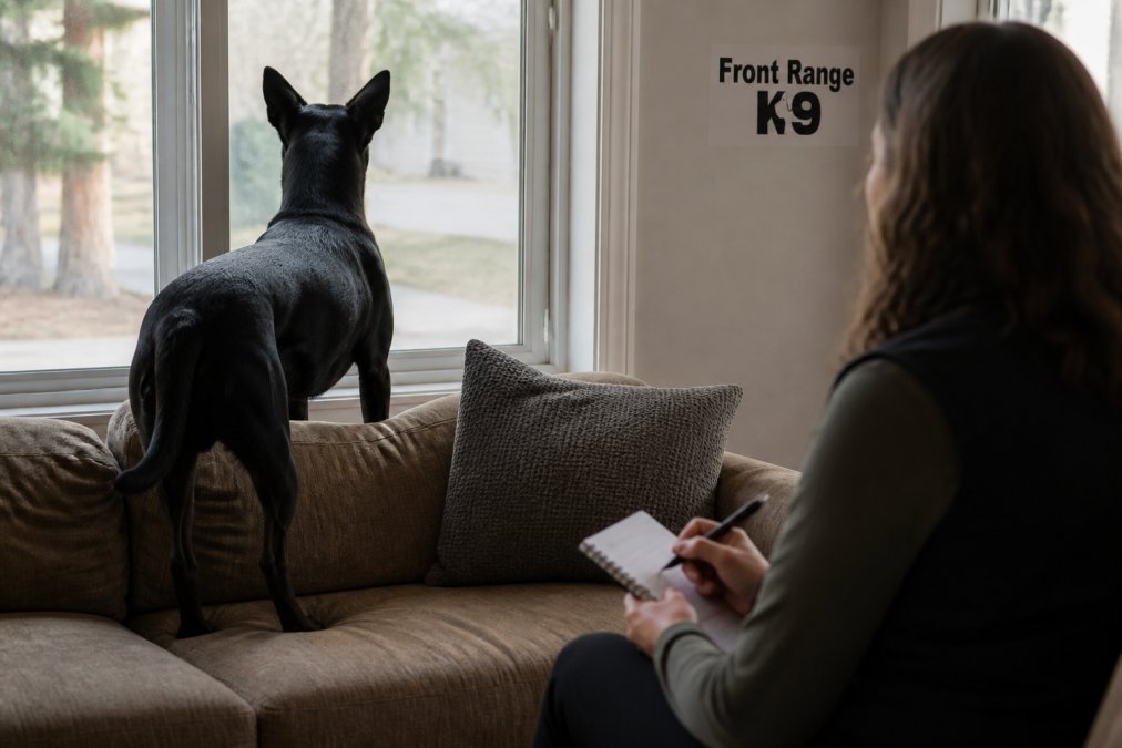 Dog looking out a window at a trigger while an owner takes notes to identify causes of excessive barking.