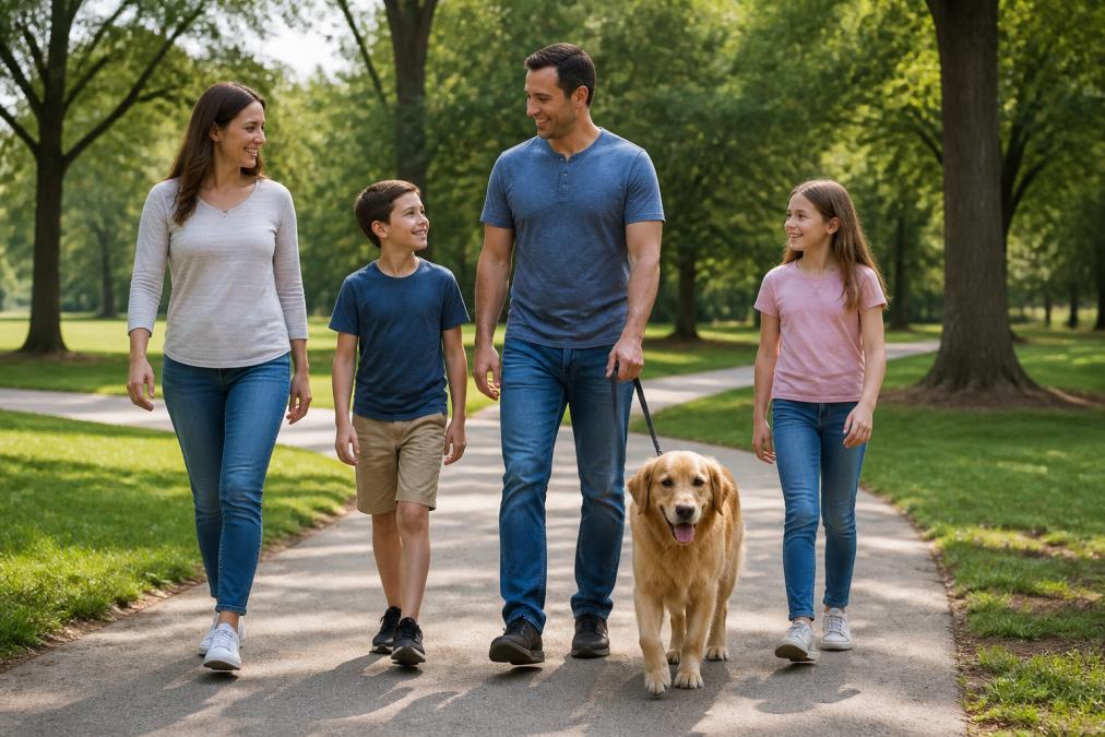 A family walking their well-behaved pet in a park, demonstrating success in dog training for family dogs.