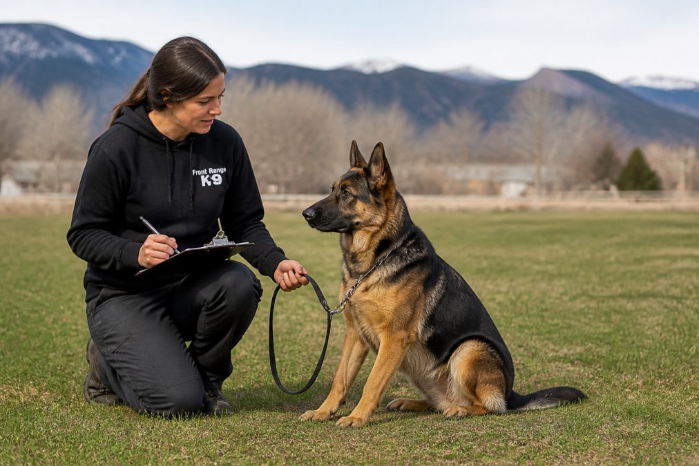 A professional dog trainer kneeling beside a calm German Shepherd on a grassy field, clipboard and leash in hand, mountains blurred in the background
