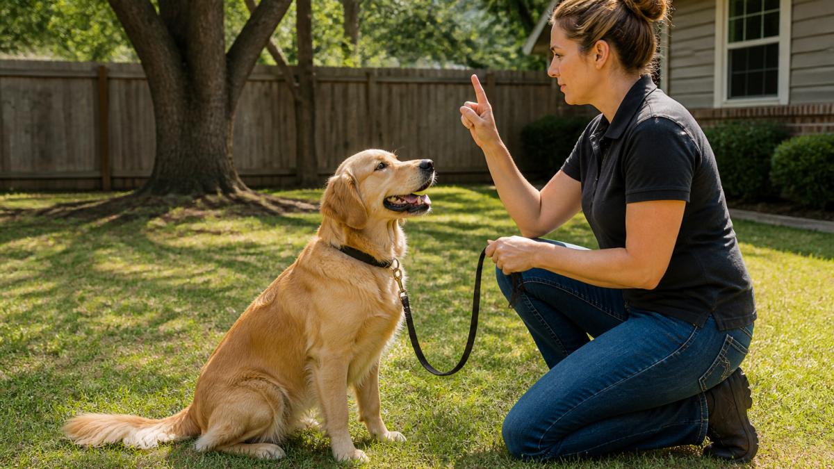 Professional trainer working with a golden retriever for dog training Caney in Oklahoma in a sunny yard.