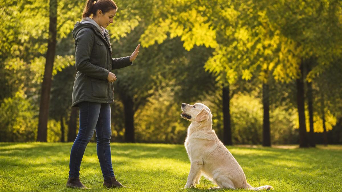Dog owner using hand signals and verbal cues to train an attentive dog in a sunny outdoor park setting