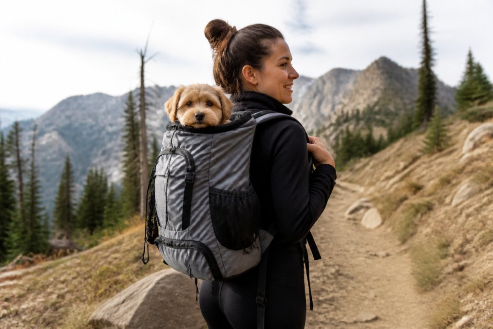 Hiker wearing a dog backpack carrier with a small dog safely secured while walking on a mountain trail