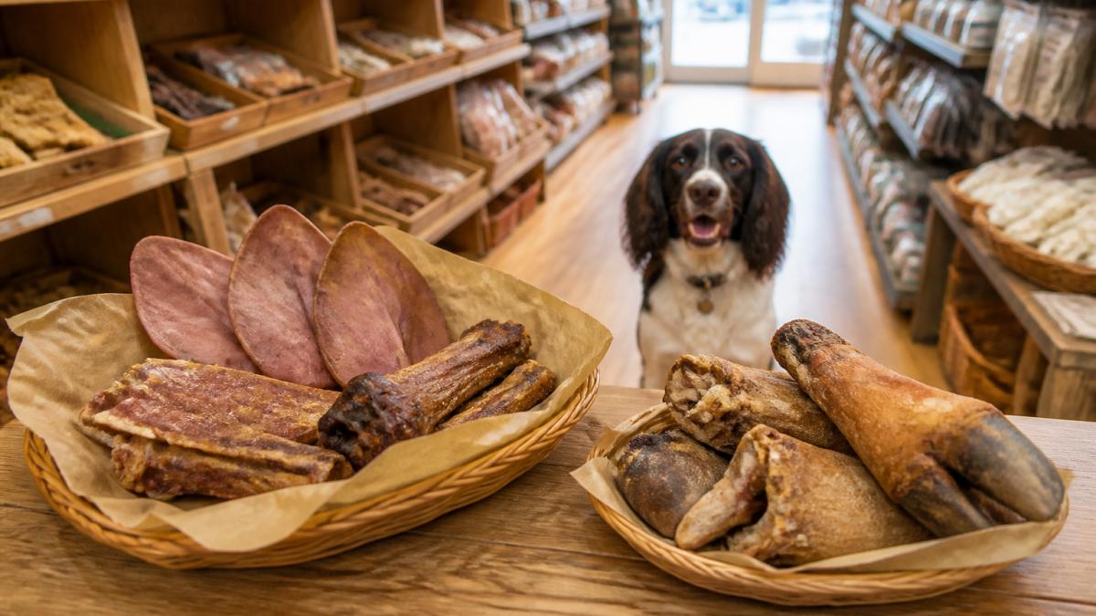 A hand-packed dog treat hamper on a wooden counter with pig ears, turkey necks and trotters visible, a dog waiting nearby in a bright independent pet shop