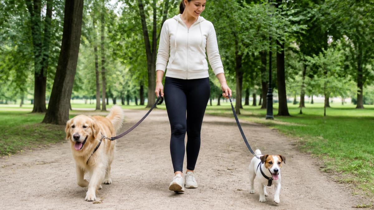 Owner walking two different-sized dogs on leashes in a park, demonstrating proper leash control and gear fit for various dog sizes, with natural outdoor lighting