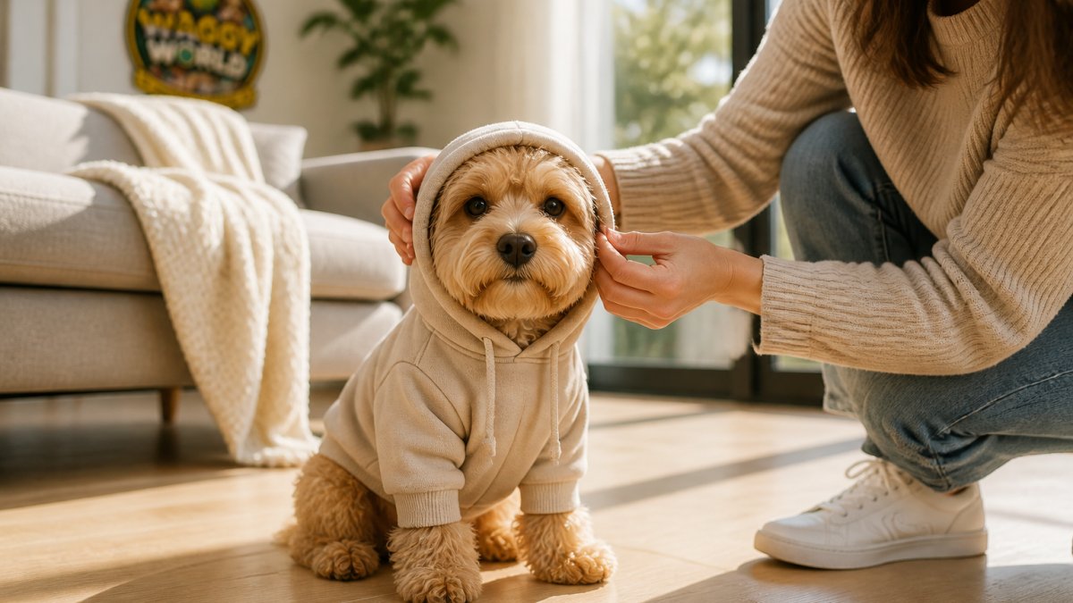 A small dog wearing a soft hooded sweatshirt sitting on a bright living room floor, owner's hands adjusting the hood, natural window light, candid lifestyle shot