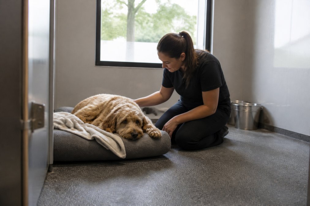 A calm dog resting on a soft bed in a quiet, climate-controlled private suite with a staff member kneeling nearby, soft natural light through a window