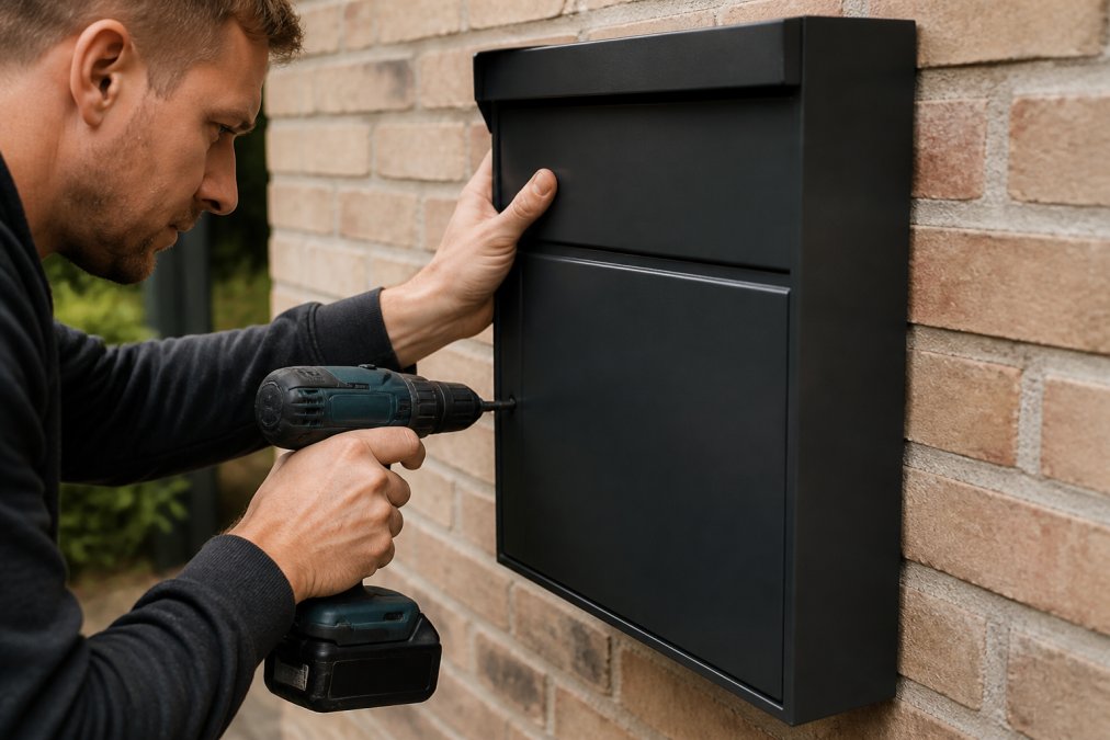 Stap-voor-stap installatie van wandbrievenbus op bakstenen muur: gat boren met steenboor, nylon plug plaatsen, brievenbus waterpas hangen met bouten, afdichtingsstrip aanbrengen