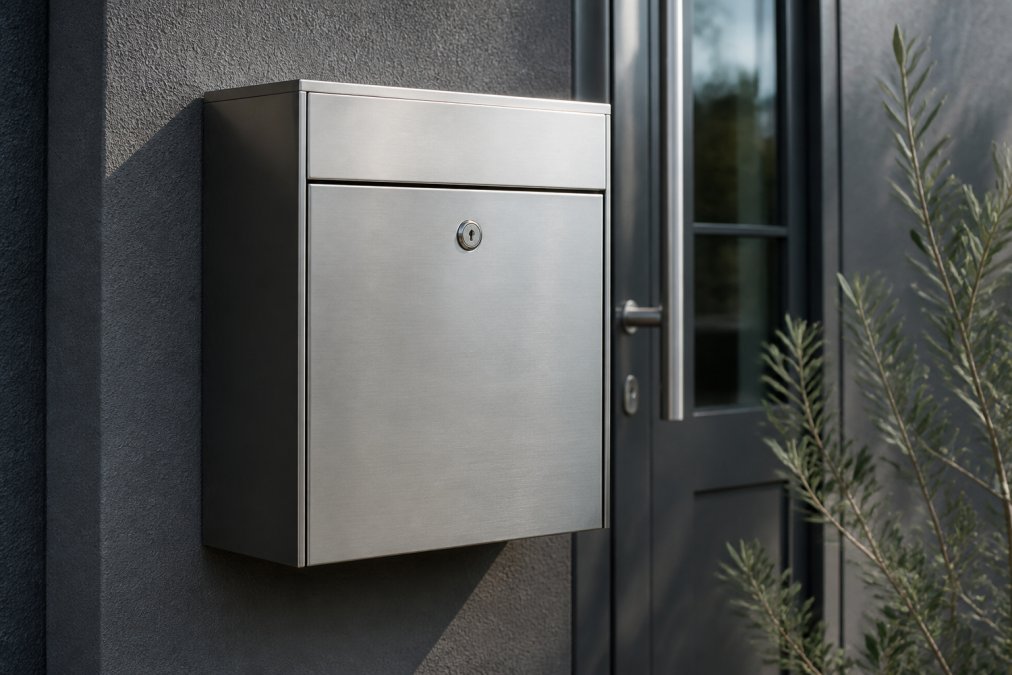 Modern stainless steel parcel mailbox mounted on house facade showing sleek design, secure lock mechanism and weatherproof construction in daylight
