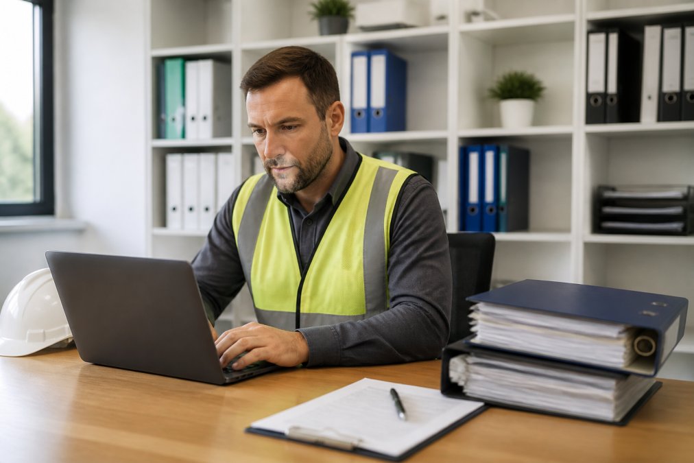 Arbeitssicherheitsbeauftragter sitzt am Schreibtisch und arbeitet an einem Laptop mit digitalen Dokumenten und Formularen zur Arbeitssicherheit