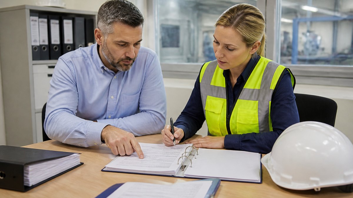 Eine Fachkraft für Arbeitssicherheit und ein Betriebsleiter prüfen gemeinsam eine Gefährdungsbeurteilung am Schreibtisch in einem hellen Produktionsbüro, Formulare und Laptop liegen bereit