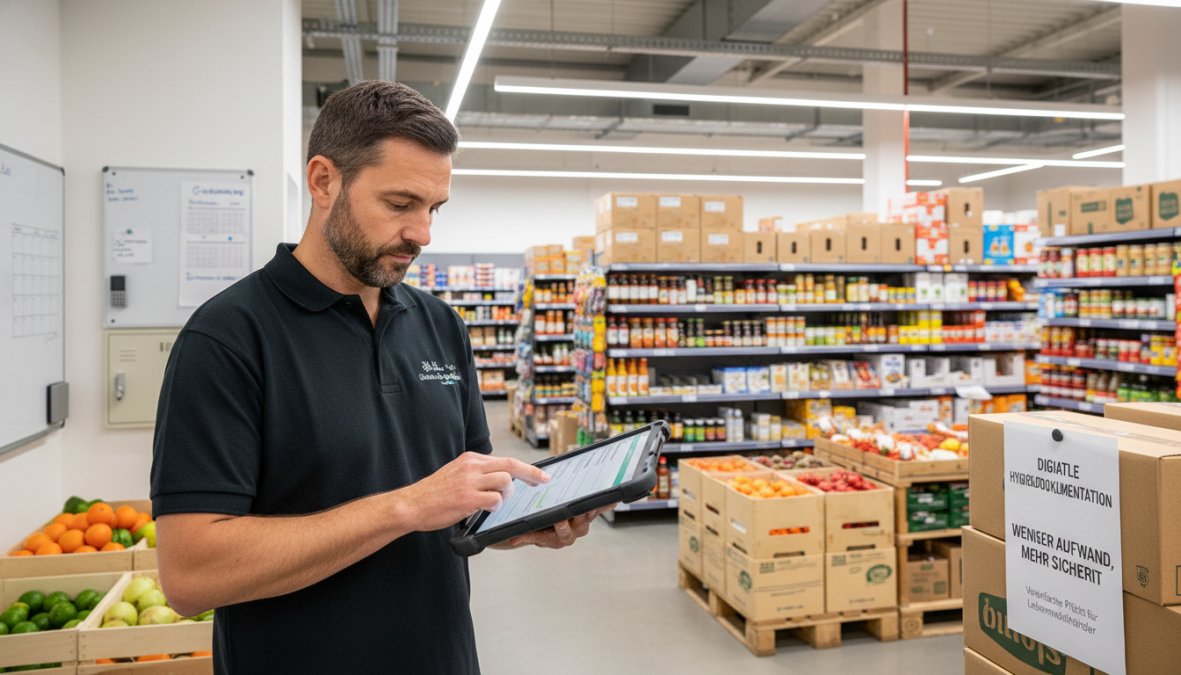 Supermarktleiter nutzt ein Tablet zur digitalen Hygienedokumentation, um die Dokumentationspflicht für Lebensmittelhändler...