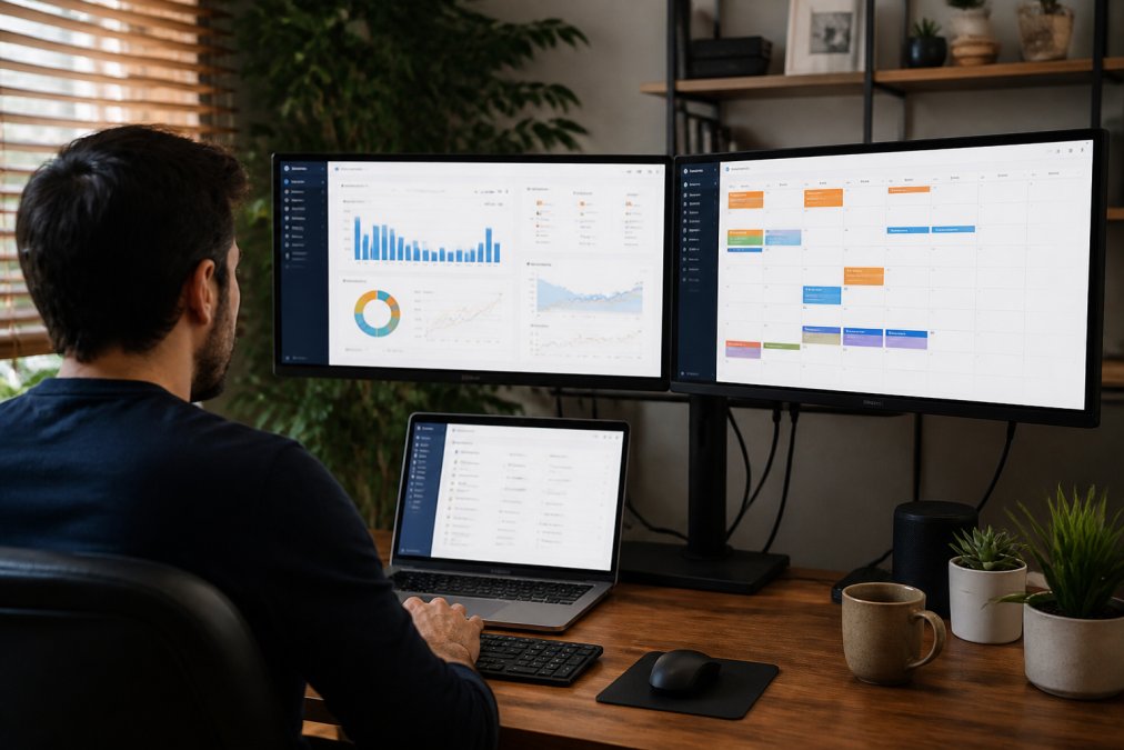 SaaS founder reviewing automated SEO workflow on multiple monitors in a home office, with analytics dashboards showing keyword rankings, content calendar, and backlink growth charts visible on screens