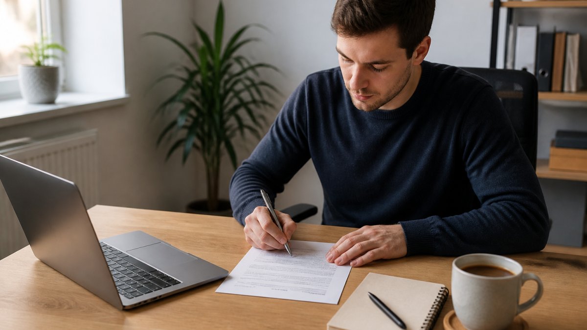 Eine Person an einem aufgeräumten Schreibtisch, die ein unterschriebenes Formular neben einem Laptop mit geöffnetem Kundenbereich legt, Kaffeetasse und Notizblock daneben, Tageslicht von der Seite
