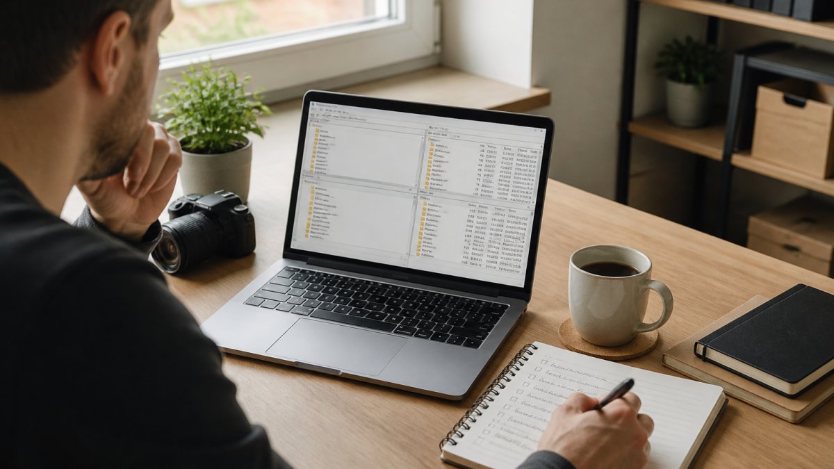 Eine Person sitzt an einem aufgeräumten Schreibtisch vor einem Laptop, auf dem ein Kontrollpanel mit Datei- und Datenbankstrukturen zu sehen ist, daneben ein Notizbuch mit handschriftlichen Schritten und eine Tasse Kaffee