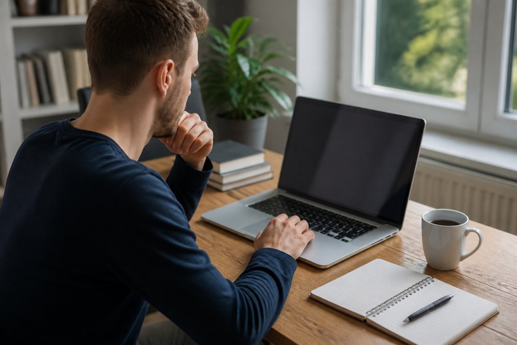 Person sitzt am Schreibtisch vor einem Laptop und vergleicht Webhosting-Angebote auf dem Bildschirm, Notizbuch und Kaffeetasse daneben, helles Heimarbeitszimmer mit natürlichem Tageslicht durch ein Fenster