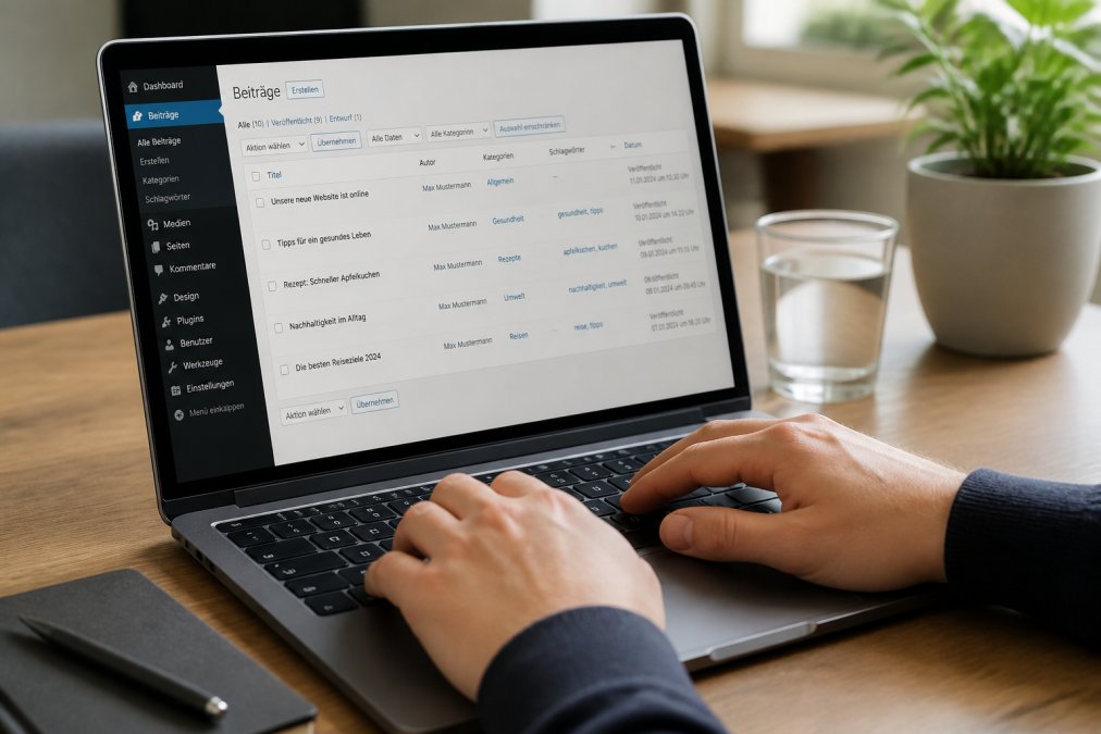 Hände tippen auf einer Laptop-Tastatur, auf dem Bildschirm ist ein WordPress-Dashboard geöffnet mit sichtbaren Menüpunkten wie Beiträge und Design, ruhige und aufgeräumte Schreibtischoberfläche mit einem Glas Wasser im Hintergrund