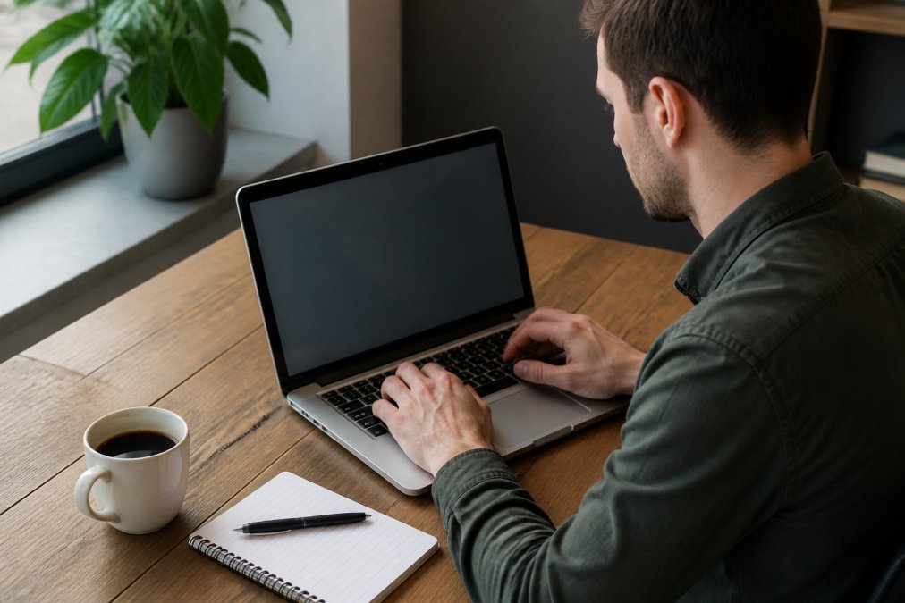 Persoon die een domeinnaam registreren proces doorloopt op een laptop aan een bureau met koffie en notitieblok