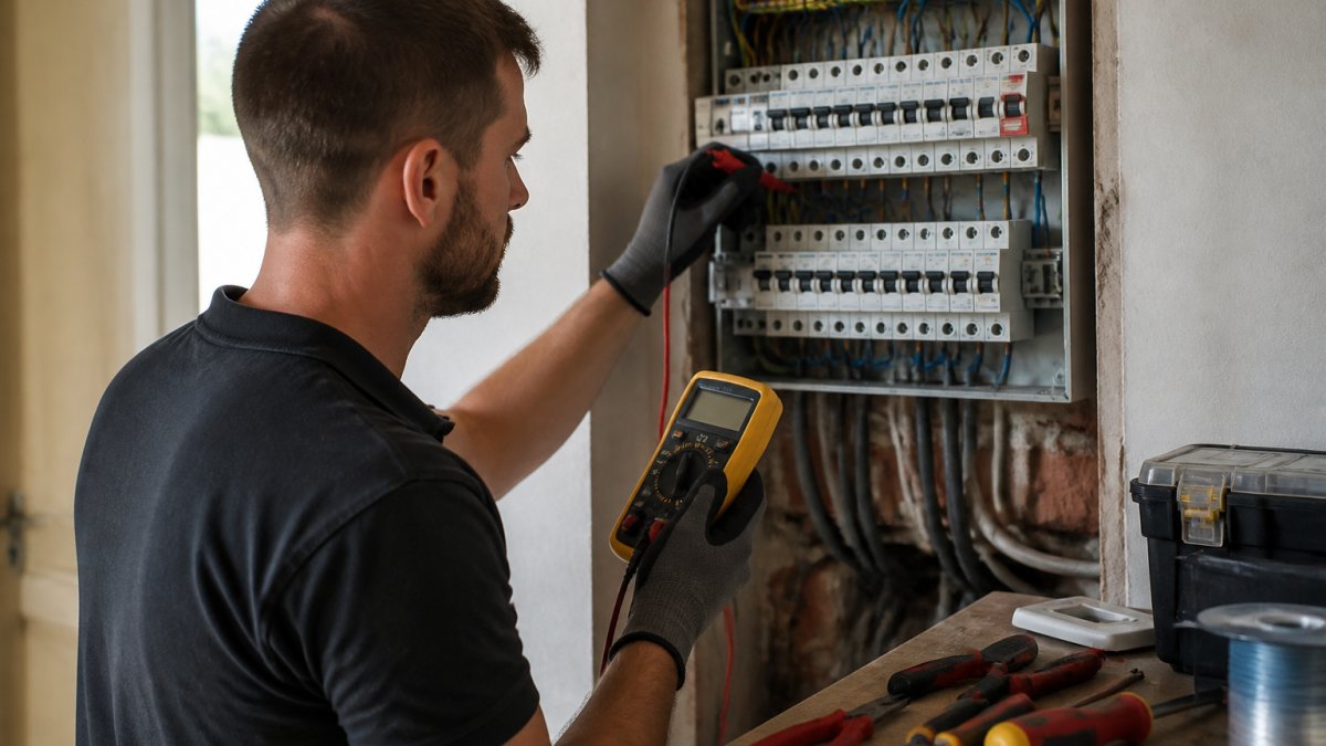 Qualified electrician using multimeter to test electrical circuits in residential property, with circuit breaker panel visible and tools on workbench